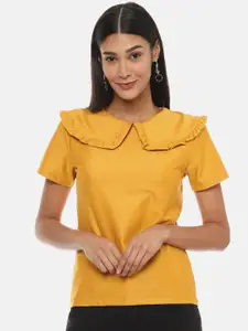 Campus Sutra Mustard Yellow Peter Pan Collar Regular Cotton Top