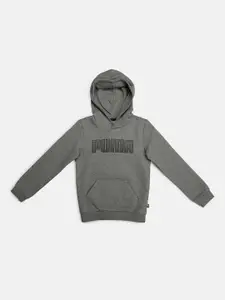 Puma Boys Charcoal Grey & Black Printed Hooded Sweatshirt