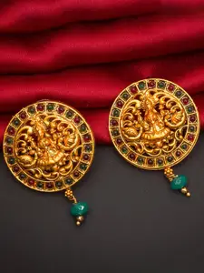 aadita Women Gold-Toned & Red Circular Goddess Lakshami designed Temple Drop Earrings