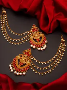 aadita Red Gold-Toned & White Pearls Studded Contemporary Drop Earrings With Hair Chain