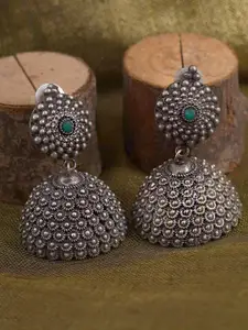TEEJH Silver-Plated & Green German silver Antique Dome Shaped Jhumkas