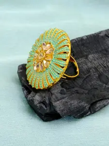 Crunchy Fashion Gold-Plated & Green Stone-Studded Round Shaped Adjustable Finger Ring