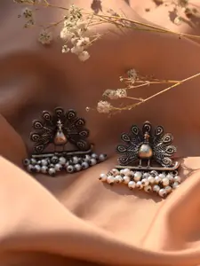 TEEJH Silver-Toned Peacock Shaped Studs Earrings