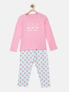 mackly Girls Pink & Turquoise Blue Printed Night suit