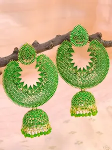 Crunchy Fashion Gold-Toned & Green Jalidar Style Contemporary Chandabali Jhumkas Earrings