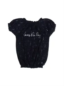 Gini and Jony Girls Navy Blue Gathered Neck-Embroidered Puff Sleeve Blouson Top
