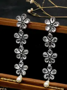 TEEJH Silver-Toned Floral Drop Earrings