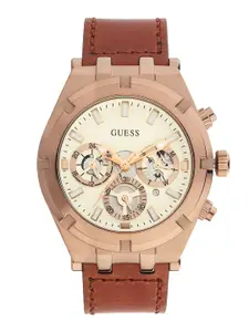 GUESS Men White Printed Dial & Brown Leather Straps Analogue Watch