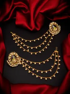 aadita Gold-Toned Pearls Studded Contemporary Chandbalis Earrings With Hair Chain