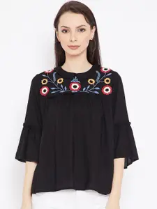 Vaak Women Black Floral Bell Sleeve Empire Embroidered Top