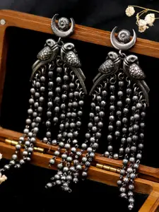 TEEJH Silver-Plated Oxidised Peacock Shaped Drop Earrings