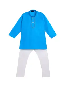 Aj DEZInES Boys Blue & White Pure Cotton Embroidered Straight Kurta with Pyjamas