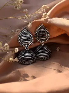 TEEJH Silver-Toned Dome Shaped Oxidised Jhumkas Earrings
