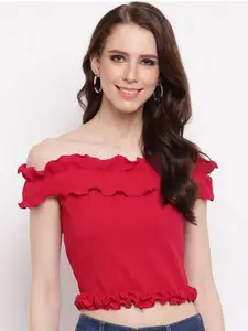 RIVI Women Red Solid Off-Shoulder Flutter Sleeve Scuba Bardot Crop Top
