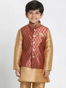 VASTRAMAY Boys Maroon & Gold-Coloured Woven Design Slim-Fit Nehru Jacket