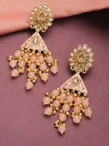 Priyaasi Peach-Coloured Gold-Plated Stone & Beaded Floral Meenakari Drop Earrings