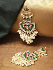 Priyaasi Green & Kundan Studded Meenakari Contemporary Drop Earrings