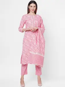 FASHOR FASHOR Women Pink Printed Angrakha Pure Cotton Kurta with Skirt & With Dupatta