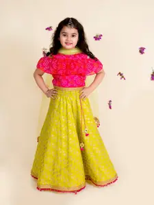 pspeaches Girls Green & Pink Printed Ready to Wear Lehenga & Blouse With Dupatta