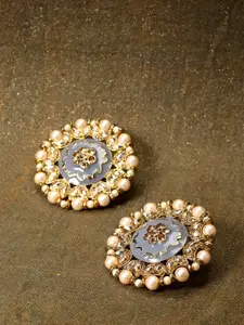 Priyaasi Grey Gold-Plated Circular Pearls Handcrafted Large Studs Earrings