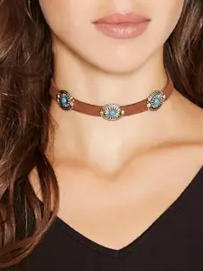 AQUASTREET Silver-Toned & Brown Silver-Plated Choker Necklace
