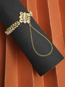 Ruby Raang Women Gold-Toned & White Kundan Gold-Plated Ring Bracelet