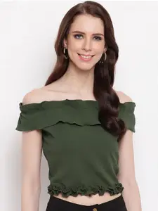 RIVI Women Olive Green Solid Off-Shoulder Flutter Sleeve Scuba Bardot Crop Top