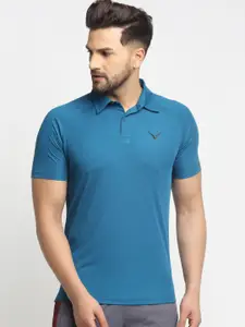 Invincible Men Blue Polo Collar Raglan Sleeves Slim Fit Sports T-shirt