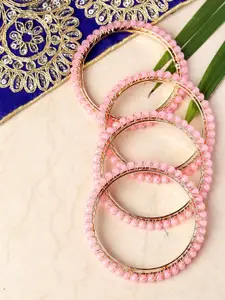 Priyaasi Set Of 4 Gold-Plated Pink Beaded Handcrafted Bangles