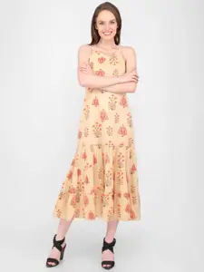 MARC LOUIS Beige & Red Floral Printed Halter Neck Cotton Midi Dress