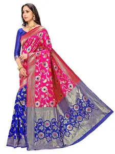KALINI Pink & Blue Floral Zari Silk Blend Banarasi Saree