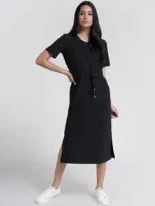 FableStreet Women Black Solid Cotton Midi A-Line Dress