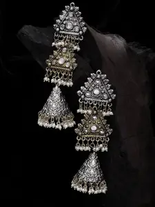 Moedbuille Women Silver-Toned & Stones Studded Classic Jhumkas Earrings