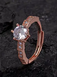 Ferosh Rose Gold-Toned & White Stone-Studded Adjustable Finger Ring