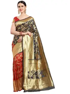 KALINI Black & Red Woven Design Zari Silk Blend Half and Half Banarasi Saree