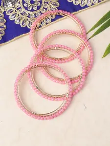 Priyaasi Women Set Of 4 Gold-Plated Pink Beaded Handcrafted Bangles