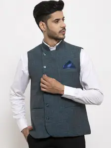 KLOTTHE Men Blue Woven Design Pure Cotton Nehru Jacket