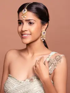 Fida Gold-Plated White Kundan & Pearl-Studded Earrings & Maang Tikka Jewellery Set