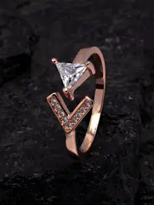 Ferosh Women Rose Gold-Toned & White Stone-Studded Stud Adjustable Finger Ring