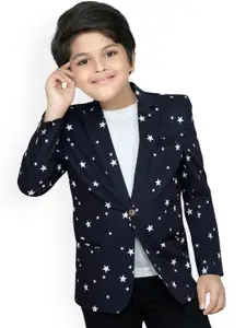 RIKIDOOS Boys Navy Blue & White Printed Single-Breasted Comfort-Fit Casual Blazer