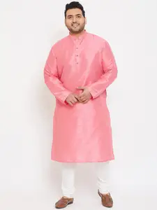 VASTRAMAY PLUS Men Pink & White Silk Blend Kurta With Churidar
