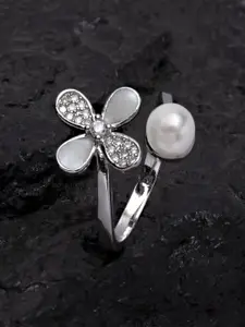 Ferosh Silver-Toned & White Stone-Studded Adjustable Finger Ring