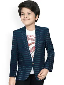 RIKIDOOS Boys Navy Blue & Green Striped Comfort-Fit Single-Breasted Casual Blazer