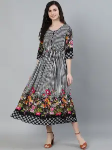 Ishin Women Black Floral Printed A-Line Midi Dress
