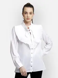 Yaadleen Women White Solid Victorian Crepe Shirt Style Top