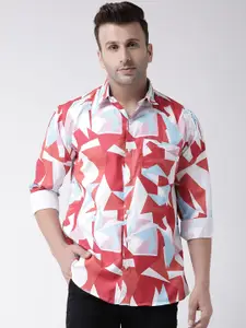 Hangup Men White & Red Abstract Print Slim Fit  Casual Shirt