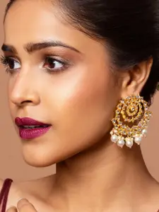Fida Women Gold-Toned Gold-Plated Traditional Kundan Circle Pearl Drop Chandbali Earrings