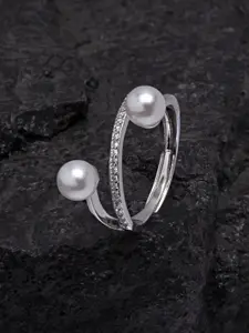 Ferosh Silver-Toned & White Pearl & Stone-Studded Adjustable Finger Ring