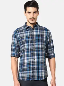J Hampstead Men Blue Slim Fit Checked Casual Shirt