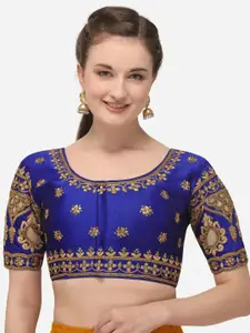 Amrutam Fab Women Blue & Gold-Coloured Embroidered Raw-Silk Saree Blouse